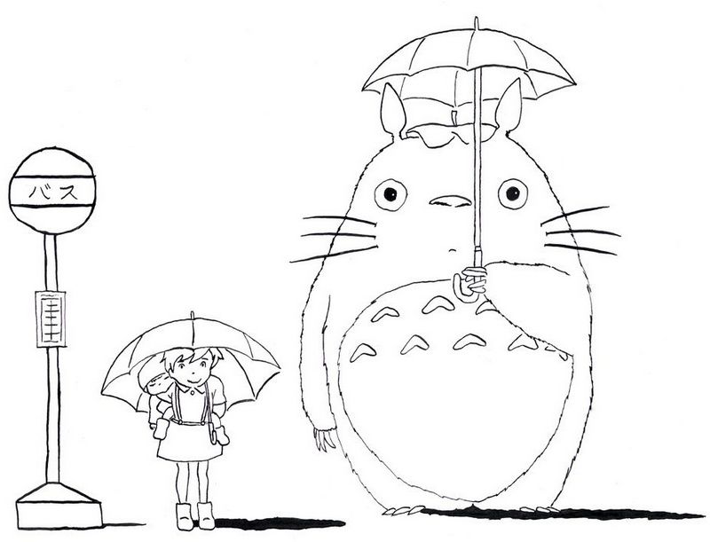 Coloriage Tororo Attend Le Bus - Totoro à imprimer